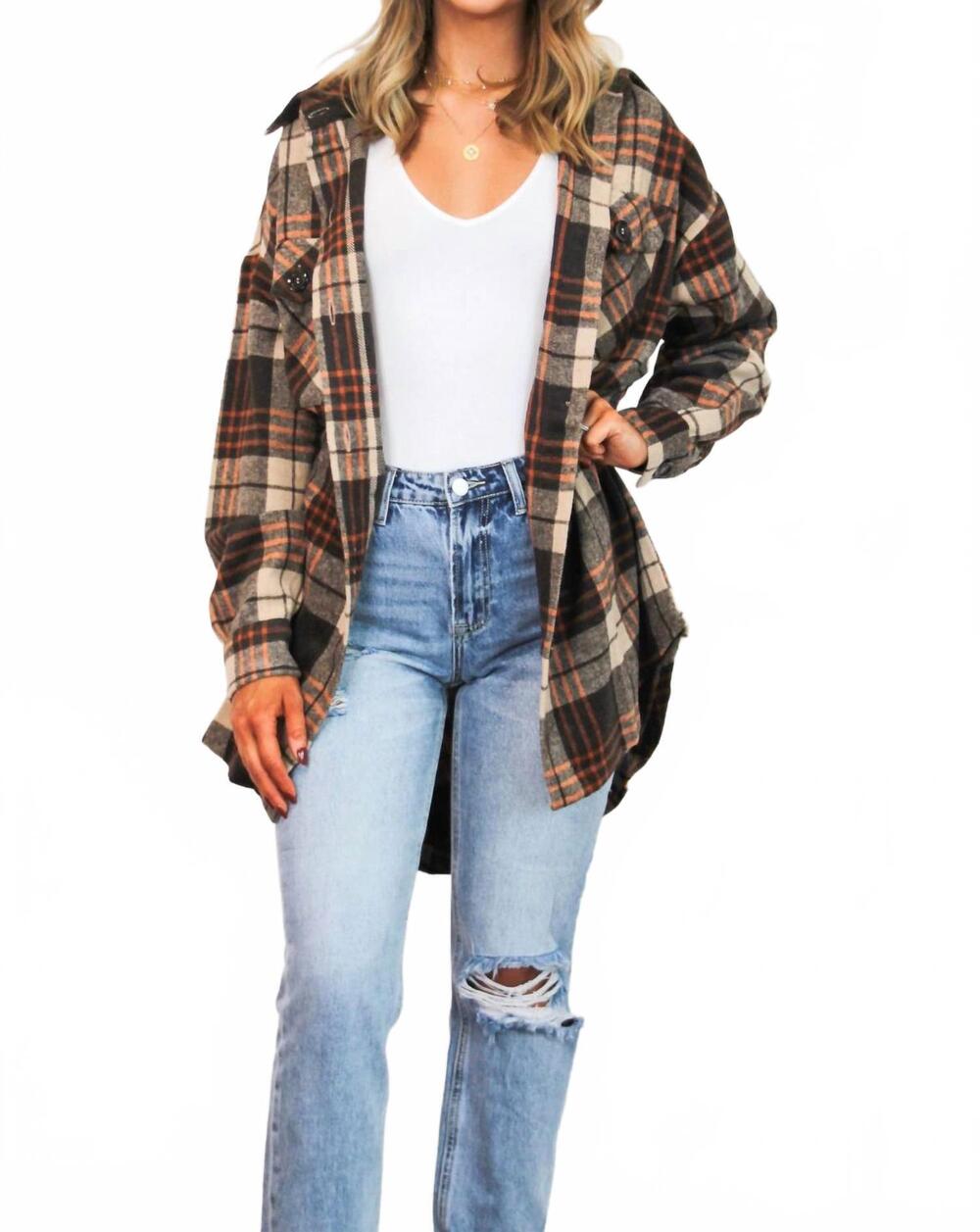 NEW ZENANA look within oversized plaid shacket in chocolate/rust
